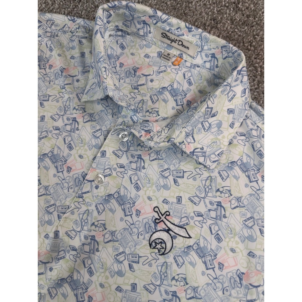 Straight Down Polo Shirt Mens Medium DJ Records Retro Tech Shriners Golf UPF 50